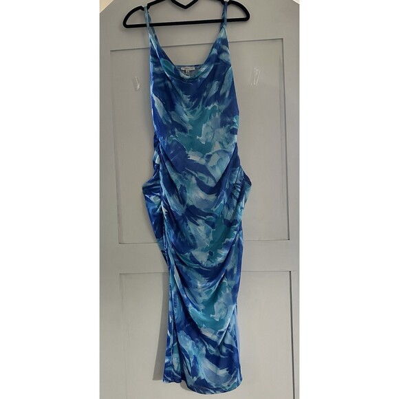 Women’s Blue Green Abstract Floral Cowl Neck Strappy Back Ruched Maxi Dress Sz S - Picture 2 of 8